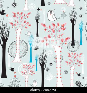 Nahtloses Muster von Bäumen und Vögeln auf hellblauem Hintergrund Stock Vektor