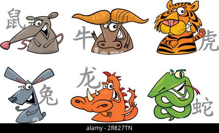 Cartoon-Illustration der sechs chinesischen Tierkreis Zeichen Satz Stock Vektor