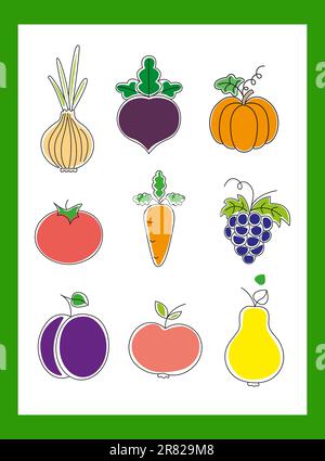 Set aus flachem Obst und Gemüse in Farbe, isoliert auf weißem Hintergrund Stock Vektor