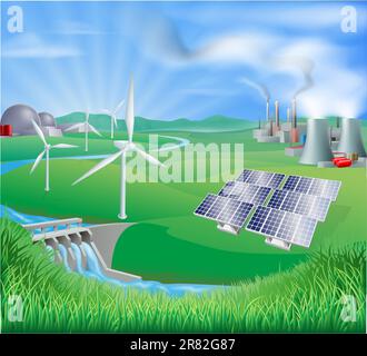 Illustration vieler verschiedener Arten der Stromerzeugung, einschließlich Kernenergie, fossile Brennstoffe oder Kohle, erneuerbare Energie oder nachhaltige Energiequelle... Stock Vektor