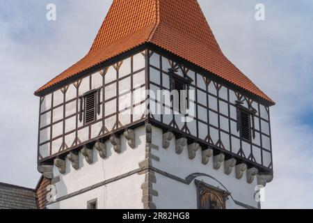 Blick aus der Vogelperspektive auf die mittelalterliche Wasserburg Blatna mit Türmen, Türmen und weitläufigen Parkanlagen in Böhmen Stockfoto