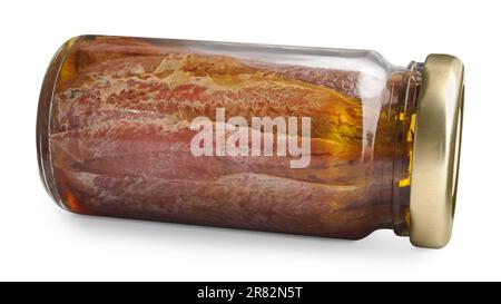 Weithalsgefäß mit Sardellenfilets in Öl, auf weiß isoliert Stockfoto