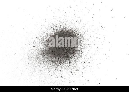 Schwarzer Staubhaufen auf weißem Hintergrund, Draufsicht Stockfoto
