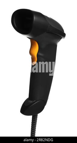 Schwarzer moderner Barcode-Scanner isoliert auf weiß Stockfoto