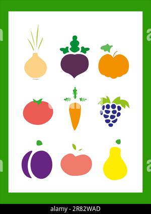 Satz flacher Obst- und Gemüsesymbole mit schwarzen Linien auf weißem Hintergrund Stock Vektor