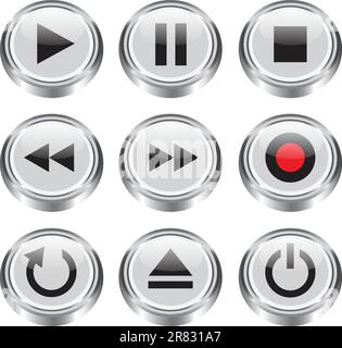 Multimediasteuerung – Symbol-/Tastensatz für Web, Anwendungen, Elektronik und Druckmedien, glänzend. Vektordarstellung Stock Vektor
