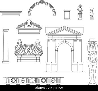Antikes Architekturset zum Erstellen dekorativer Rahmen und Kompositionen Stock Vektor