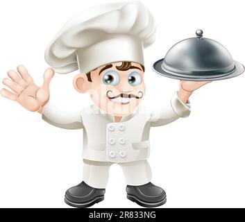 Eine nette französische Küchenchef Maskottchen mit Schnurrbart hält eine Platte Silber Essen und Viewer betrachten Stock Vektor