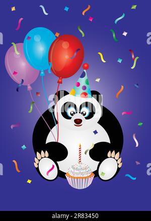 Alles Gute zum Geburtstag-Panda-Bär mit Partyhut Ballons und Cupcake-Illustration Stock Vektor