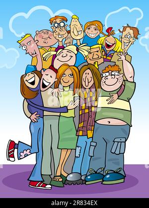 Cartoon-Illustration der Jugendliche Gruppe in einer Umarmung Stock Vektor