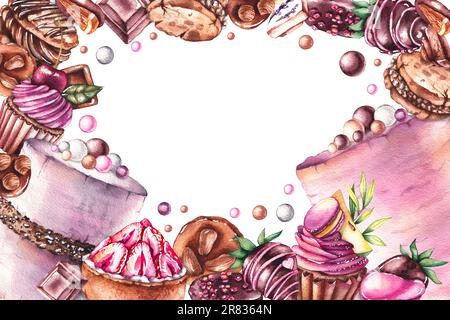 Aquarell mit Desserts, Süßigkeiten, Kuchen, Muffins, Cupcakes, Kekse und mit Schokolade überzogene Erdbeeren auf Weiß. Zusammensetzung der Aquarelle, isoliert f Stockfoto