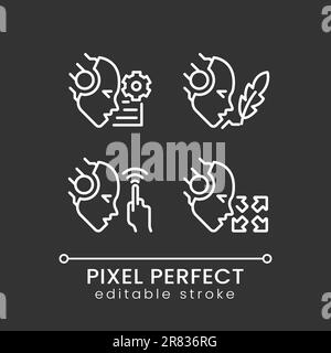 Funktionen der künstlichen Intelligenz verpixeln perfekt weiße lineare Symbole, die für dunkle Motive eingestellt sind Stock Vektor