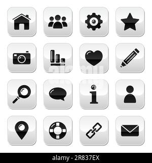 Glänzende, moderne, saubere quadratische Tasten für die Webnavigation: Benutzer, Karte, Favorit, Schild, Kamera, COG, Unternehmen, Menschen, Bubble Speech, Info, Karte, Link. Stock Vektor