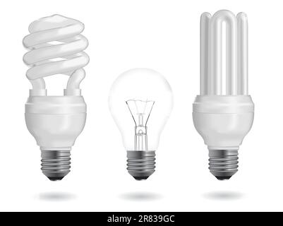 Glühlampen und Leuchtstofflampen Energie-Effizienz-Glühbirnen. Vektor-Illustration. Stock Vektor