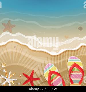 Flip-Flops und Muscheln am Strand. Vektordarstellung Stock Vektor