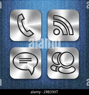 App-Symbole aus gebürstetem Metall für Kommunikation auf Denim-Struktur. Vektordarstellung Stock Vektor