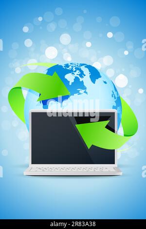 Blauer Hintergrund mit Laptop und Erdkugel Stock Vektor
