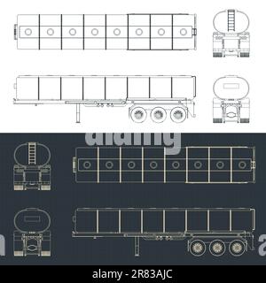 Stilisierte Vektordarstellungen von Bauplänen eines Tankwagens Stock Vektor