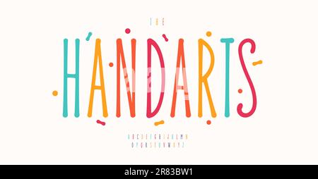 Dünnes handgeschriebenes Alphabet, leuchtende bunte Buchstaben, leichte Kindertypografie, typografisches Design für Kinder. Vektortypsatz Stock Vektor