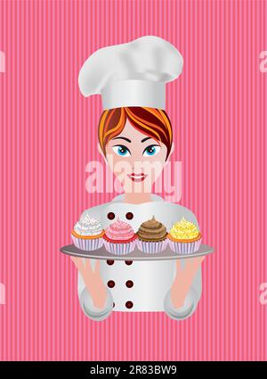 Frau Konditor mit Cupcakes Illustration Stock Vektor