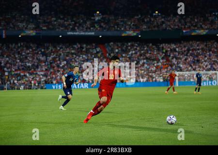 Rotterdam, Niederlande. 19. Juni 2023. Marco Asensio wurde während des Finalspiels der UEFA Nations League 2022/23 zwischen Kroatien und Spanien in De Kuip in Aktion gesehen. Endstand: Kroatien 5:4 Spanien Kredit: SOPA Images Limited/Alamy Live News Stockfoto