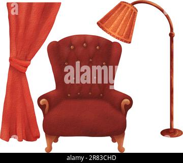 Set aus Elementen des Innenraums eines Wohnhauses Küche Schlafzimmer. Klassischer eleganter roter Vorhang für die Inneneinrichtung eines gemütlichen Zuhauses. Wunderschönes Burgund Stockfoto