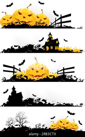 Grunge Halloween Banner mit Kürbissen, Fledermäusen und Haunted House Stock Vektor