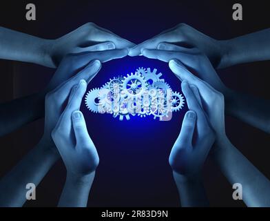 Community Cloud Computing und globale Online-Datenspeicherung Sicherungssicherheit Symbol und Computerdatenbank oder Virtualisierung auf einem Internetserver, der hostet Stockfoto