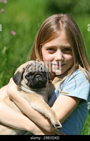 Das Mädchen hat einen kleinen Welpen, 8 Wochen alt auf dem Arm Stockfoto