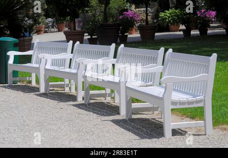 Blühender Barock in Ludwigsburg, Park, weiße Bänke, Rosengarten in Oberderdingen Stockfoto