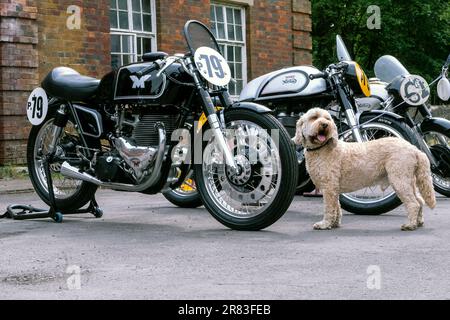 Klassisches, unvergleichliches Rennmotorrad auf dem Flywheel Event im Bicester Heritage 2023 Stockfoto