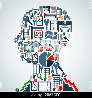 Immobilien Symbolsatz in Mann Kopfform Hintergrund Illustration. Vektor-Datei geschichtet für einfache Handhabung und individuelle Farbgebung. Stock Vektor