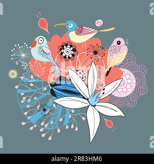 Bunte grafische Anordnung von Blumen und Vögeln auf dunklem Hintergrund Stock Vektor