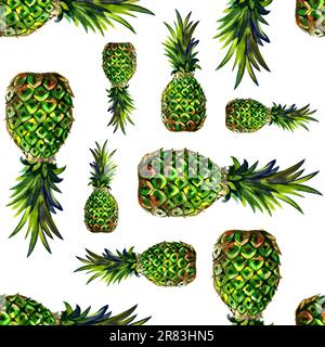 Aquarell tropische Ananas exotisches, nahtloses Muster auf weißem Hintergrund. Stockfoto