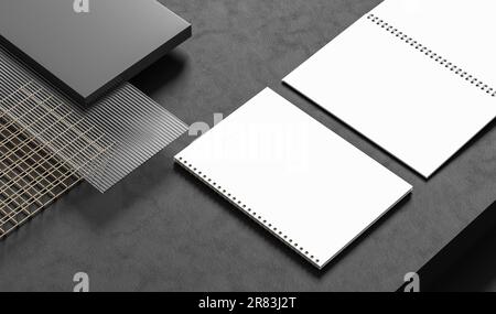 Notizbuchmodell mit Spiralbinder isoliert auf dunklem Hintergrund. 3D Abbildung Stockfoto