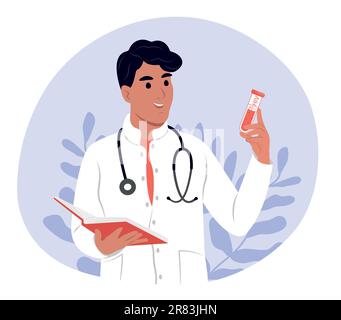 Ein junger, lächelnder Arzt hält ein Röhrchen mit Blut. HIV-Testtag. Laboruntersuchungen auf HIV. Analyse zur AIDS-Prävention. Juni 27. Jährlich Stock Vektor