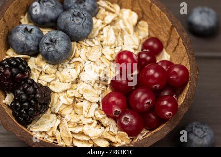 Ganzer Hafer, Heidelbeeren und Cranbeeren in Kokosnussschüsseln. Schließen. Dunkler Holzhintergrund. Stockfoto