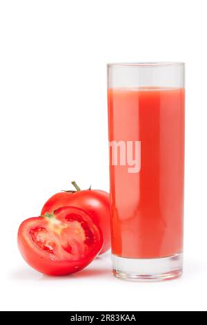Frische Tomaten und ein Glas Tomatensaft Stockfoto