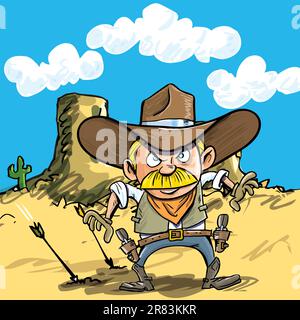 Cartoon-Cowboy, der seine Waffen in der Wüste zieht Stock Vektor