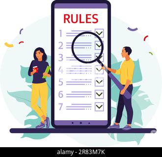 Leute studieren Liste der Regeln, machen Checkliste, lesen Anleitung. Vektorgrafik. Flacher Style Stock Vektor