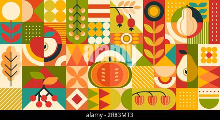 Bauhaus-Muster mit Herbsternte und Erntezeit an Thanksgiving. Herbstsaison, Happy Thanksgiving oder Oktober Geschenkpapier Vektorstruktur. Textilhintergrund mit Bauhaus-Herbstgemüse, Fruchtarten Stock Vektor
