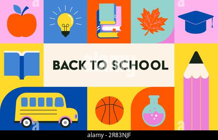 Leuchtende Farben Back-to-School-Hintergrunddesign. Geometrische flache Illustration, Banner und Poster. Schulbedarf und gelber Bus Stock Vektor