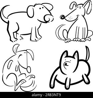 Comic-Illustration von vier niedlichen Hunde oder Welpen set für Malbuch Stock Vektor