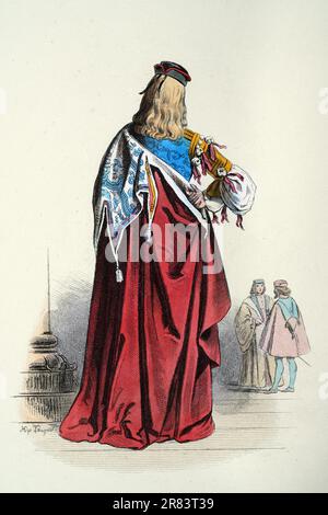 Chevalier de la Calza, Venedig, mittelalterliche Männermode aus dem frühen 16. Jahrhundert, roter Umhang, Geschichte, Illustrationen von englischen und ausländischen Costu Stockfoto