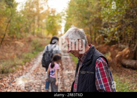 Senioren wandern mit seiner Familie im Herbstwald, geringe Feldtiefe Stockfoto