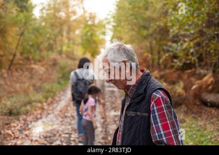 Älterer Mann mit seiner Enkelin und Enkeltochter beim Wandern im Herbstwald Stockfoto