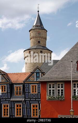 Schiefhaus, Rathaus und Hexenturm, Idstadt, Hessen, Deutschland Stockfoto