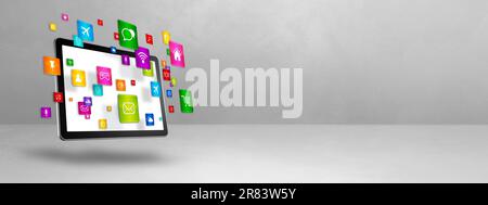 Fliegende Symbole um einen Tablet-PC herum. Cloud-Computing-Konzept. 3D-Abbildung isoliert auf weißem Hintergrund. Stockfoto