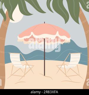 Sommertage am Strand. Sonnenliegen und Sonnenschirm am Strand. Vektordarstellung Stock Vektor