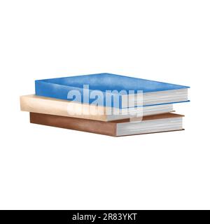 Aquarellstapel von Büchern. Handgezeichnete Aquarelldarstellung isoliert auf weißem Hintergrund. Buchliebhaber-Illustration, Schuldesign. Stockfoto